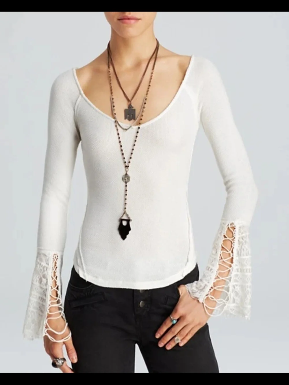 Free People White Scoop Neck Knit Tunic with Lace Bell Sleeves Size M